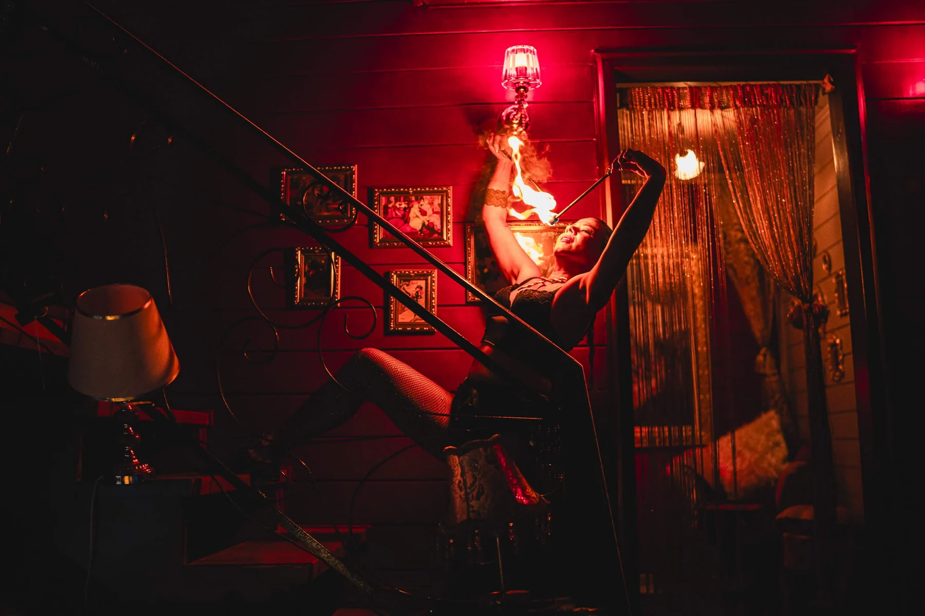 Artistic fire performance at Cabaret Le Luxe