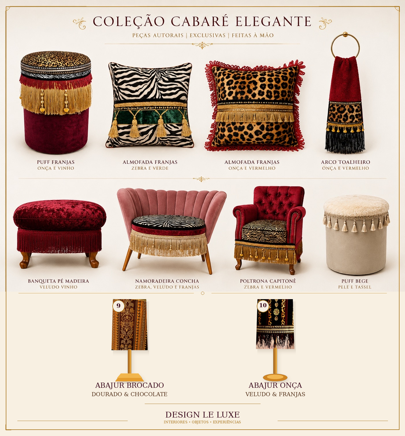 Catálogo visual da Coleção Le Luxe com botões numerados para abrir as peças autorais.