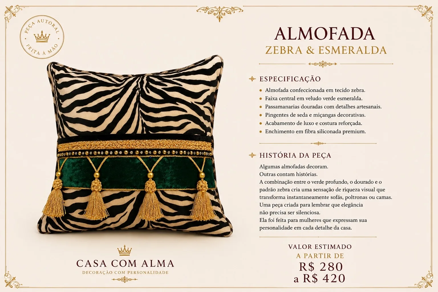 Página do produto Almofada Franjas Zebra e Verde com especificação, história e valor.