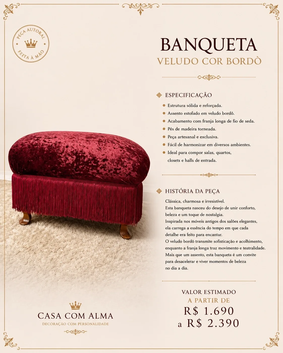 Página do produto Banqueta Pé Madeira Veludo Vinho com especificação, história e valor.