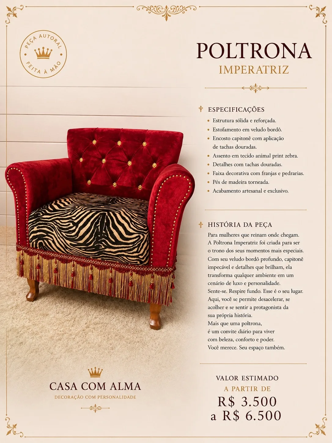 Página do produto Poltrona Capitonê Zebra e Vermelho com especificações, história e valor.