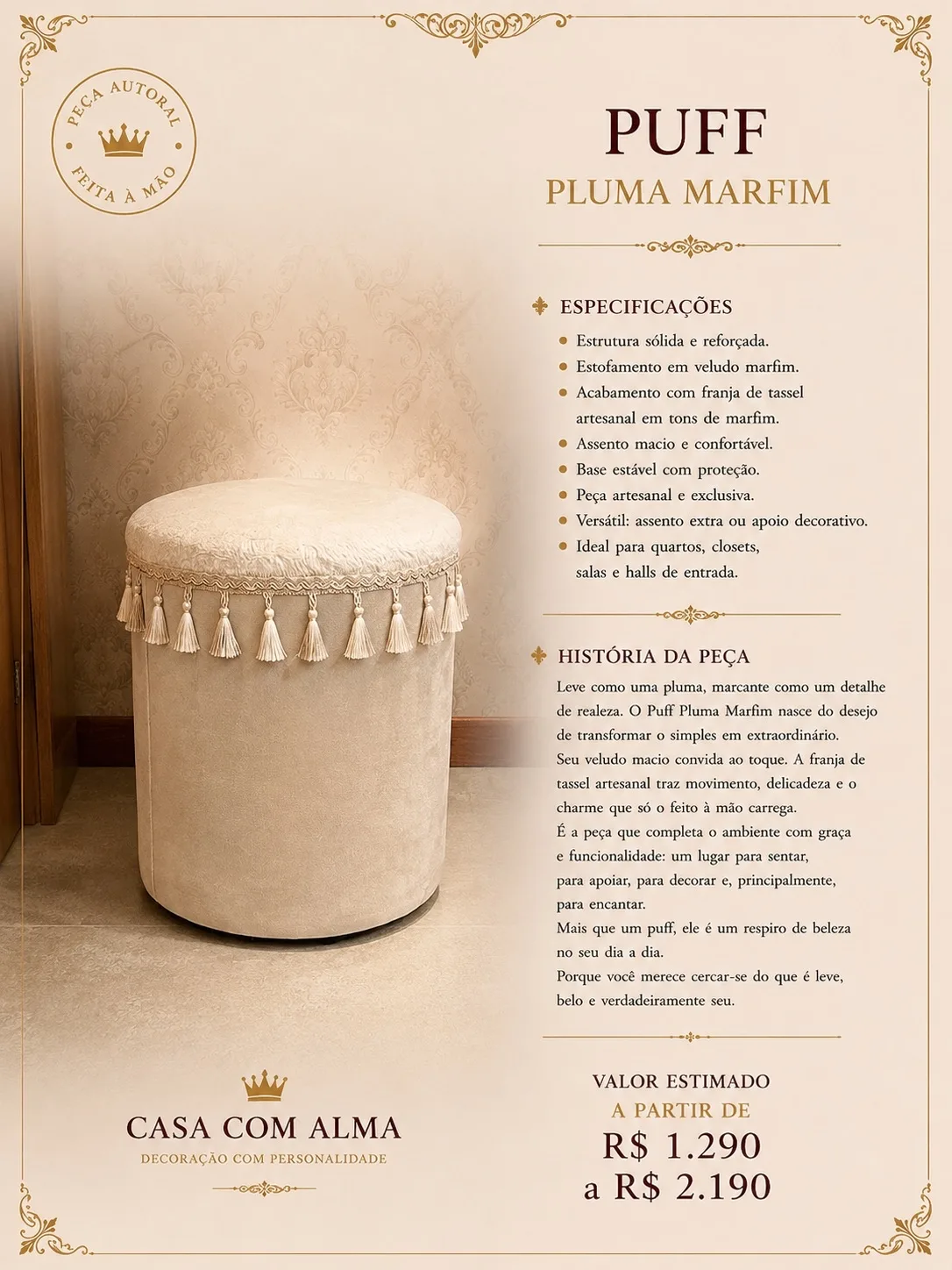 Página do produto Puff Bege Pelê e Tassel com especificações, história e valor.
