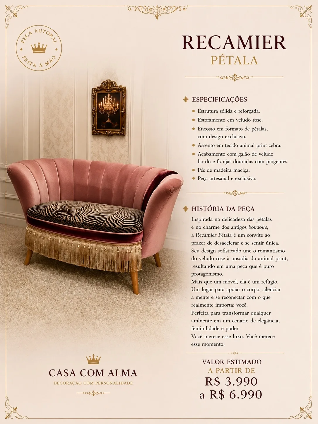 Página do produto Namoradeira Concha Zebra, Veludo e Franjas com especificações, história e valor.