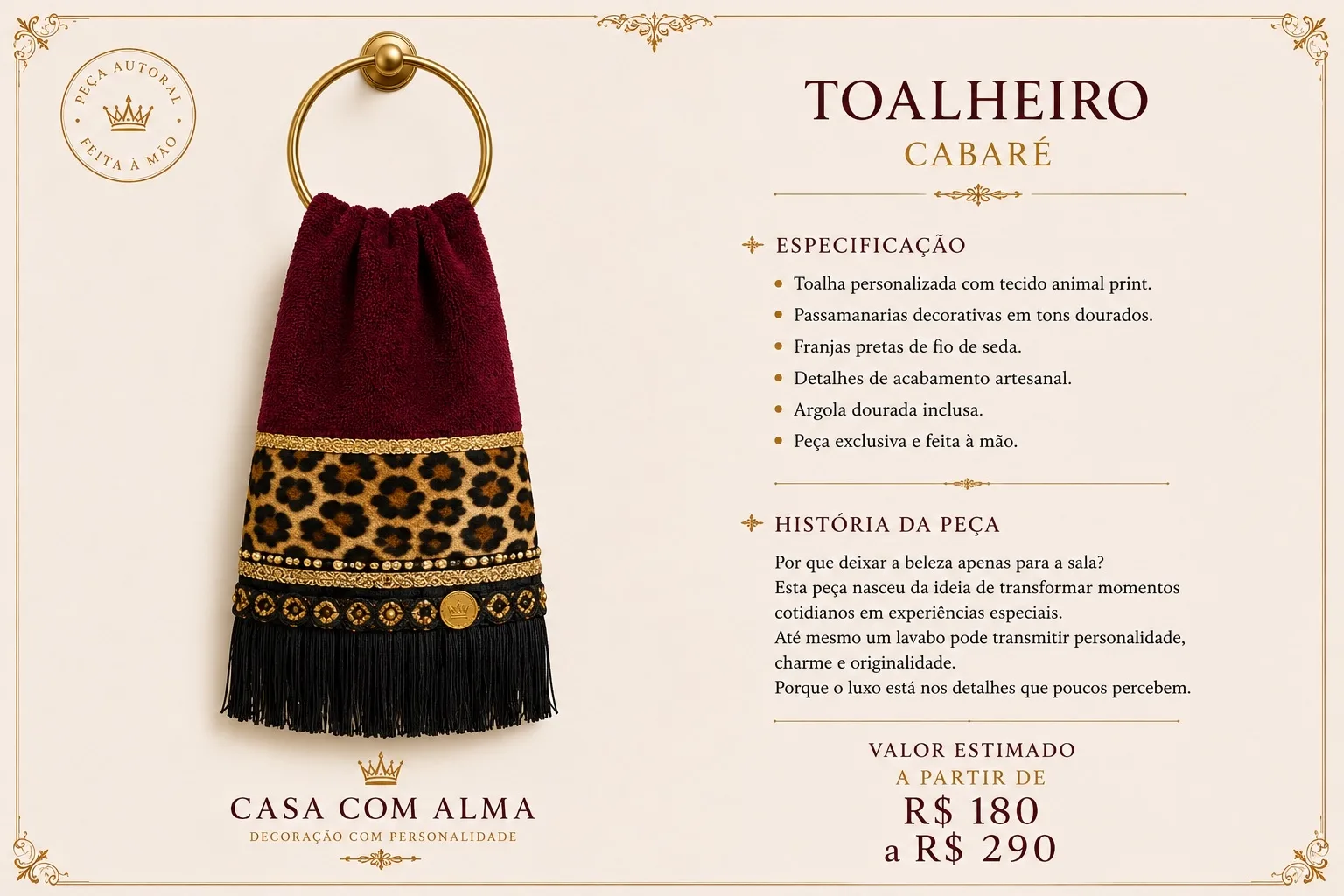Página do produto Arco Toalheiro Onça e Vermelho com especificação, história e valor.